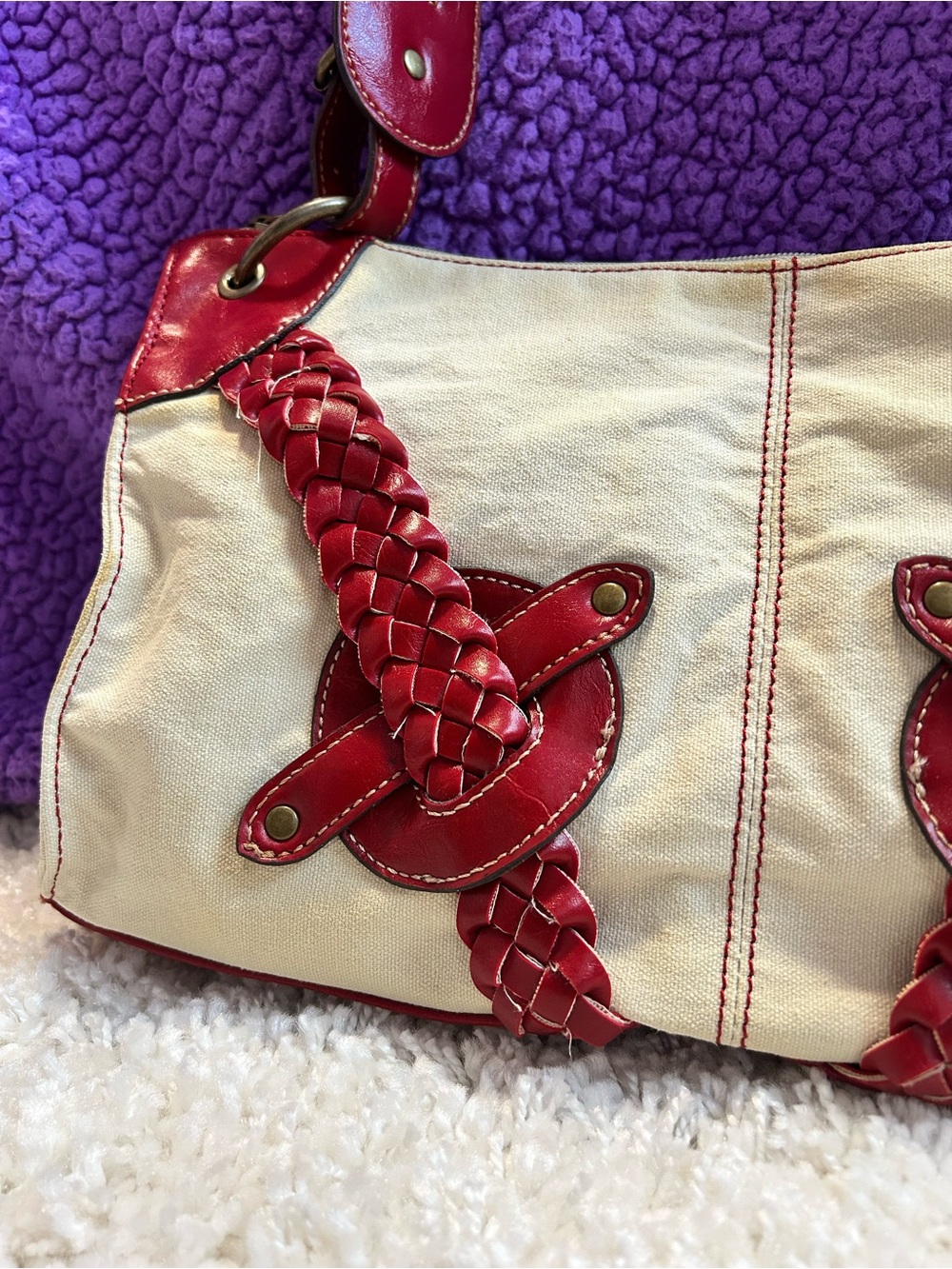 Maurizio Taiuti Cream Shoulder Bag with Red Braided Accents - Picture 5 of 6